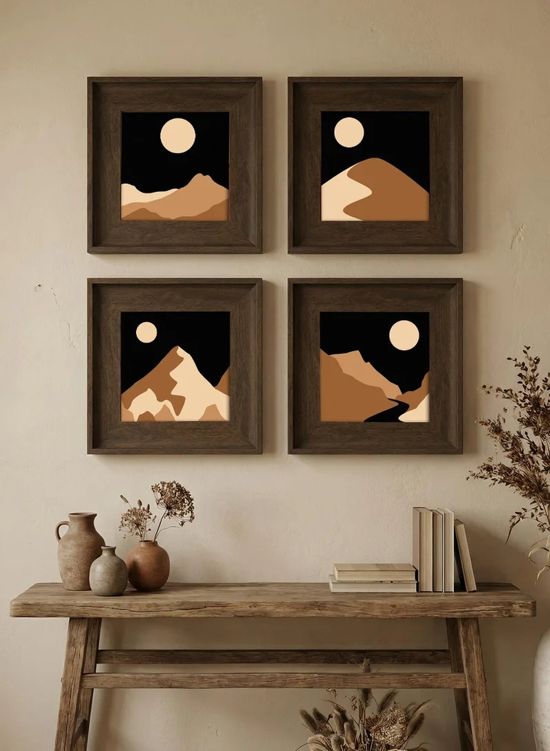 LOWHA Set of 4 Canvas Wall Art Stretched Over Wooden Frame with Vintage Brown Floating Frame and Minimal Desert Design